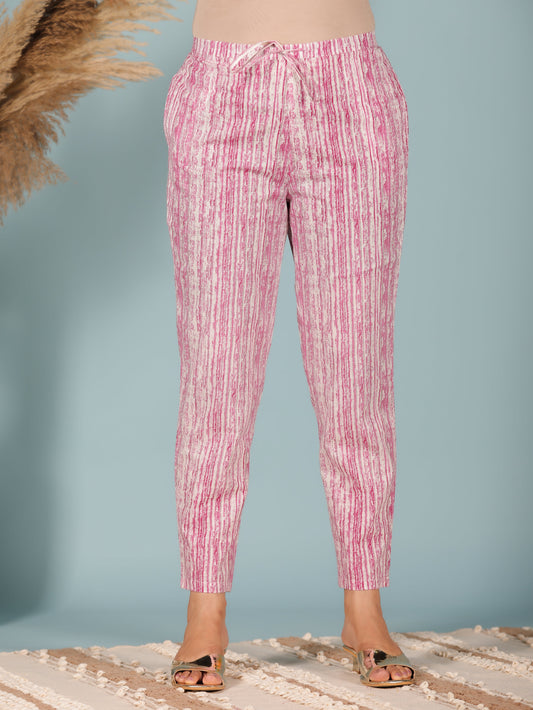 Soft Cotton Striped Pink Tapered Trousers