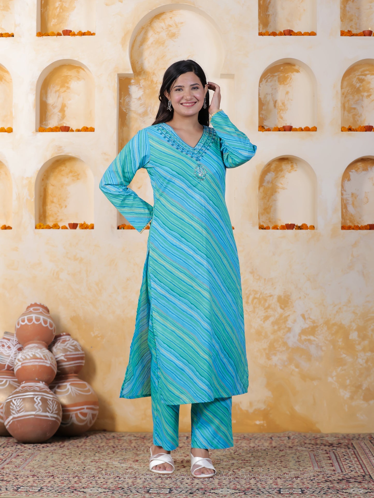 Embroidered Soft Cotton Leheriya Straight Blue Kurta