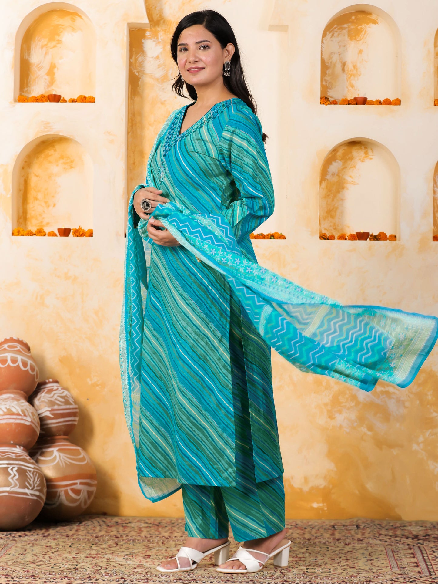 Embroidered Soft Cotton Leheriya Straight Blue Kurta