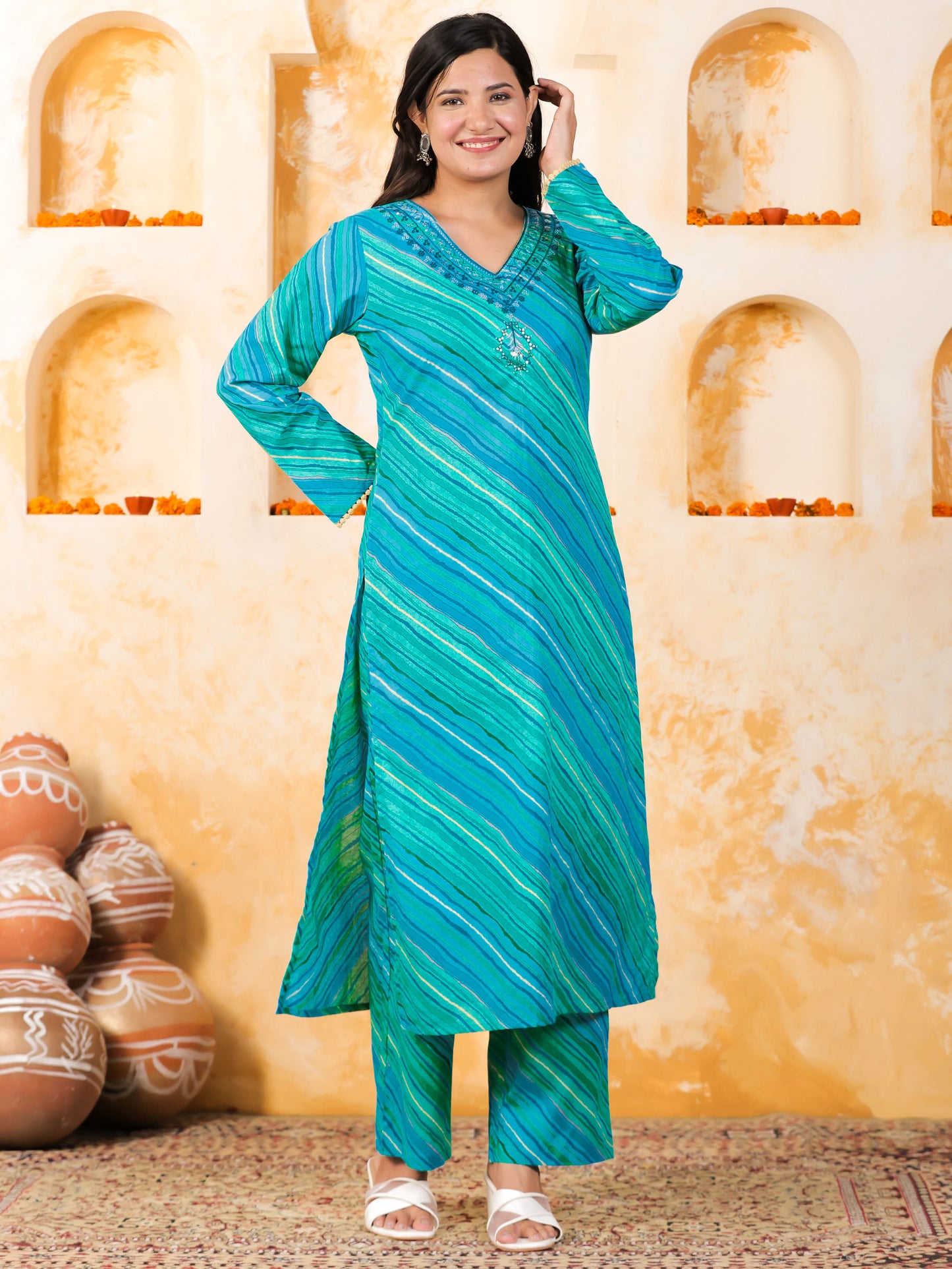 Embroidered Soft Cotton Leheriya Straight Blue Kurta