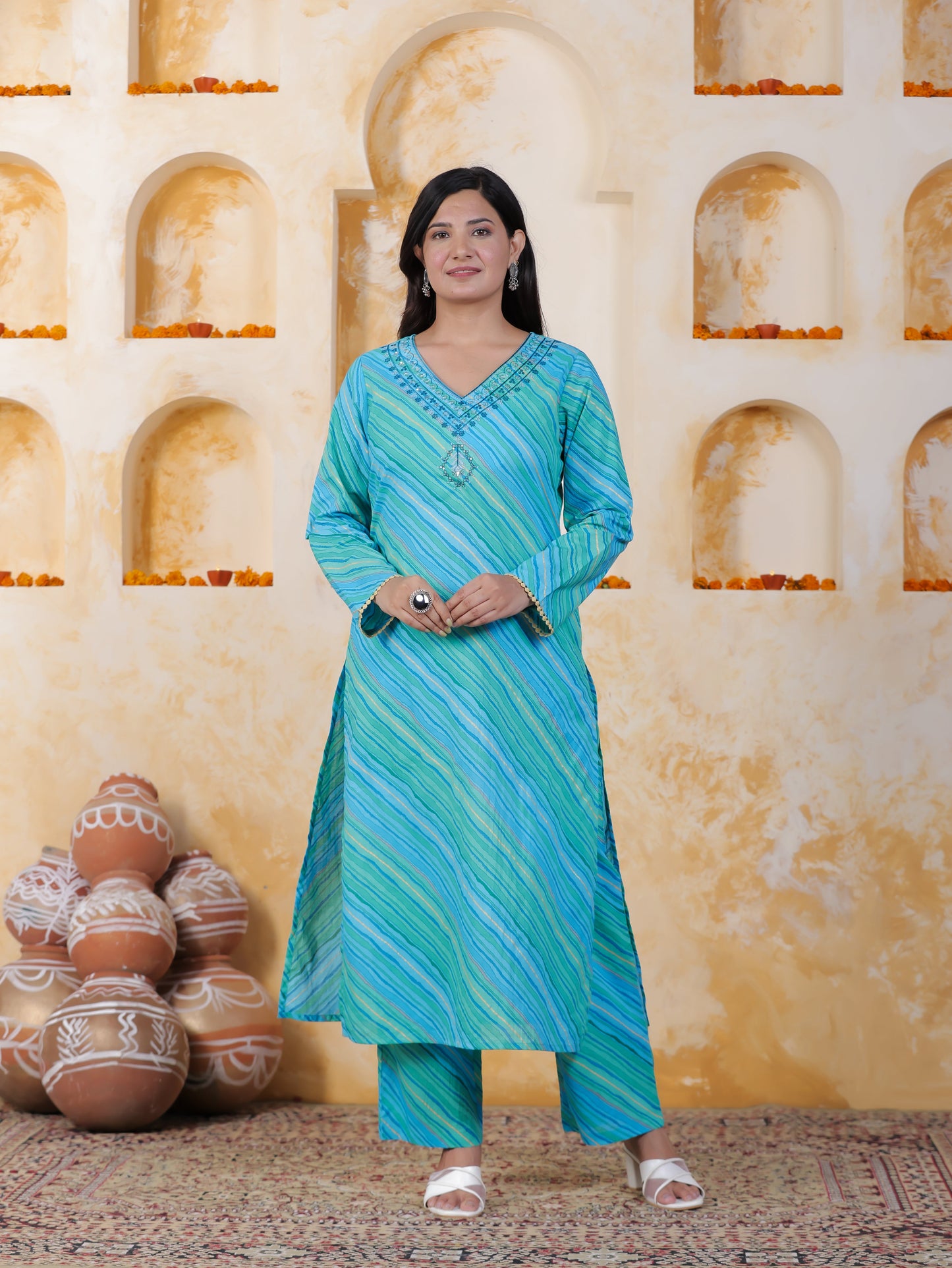 Embroidered Soft Cotton Leheriya Straight Blue Kurta