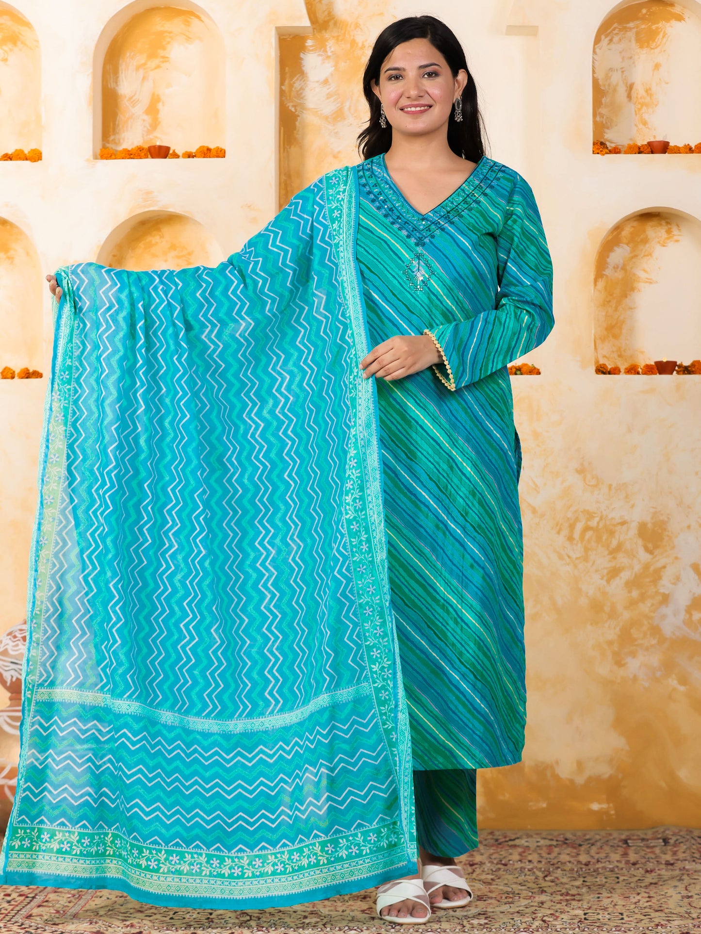 Embroidered Soft Cotton Leheriya Straight Blue Kurta