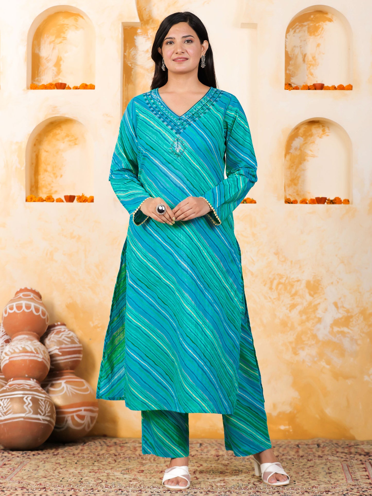 Embroidered Soft Cotton Leheriya Straight Blue Kurta