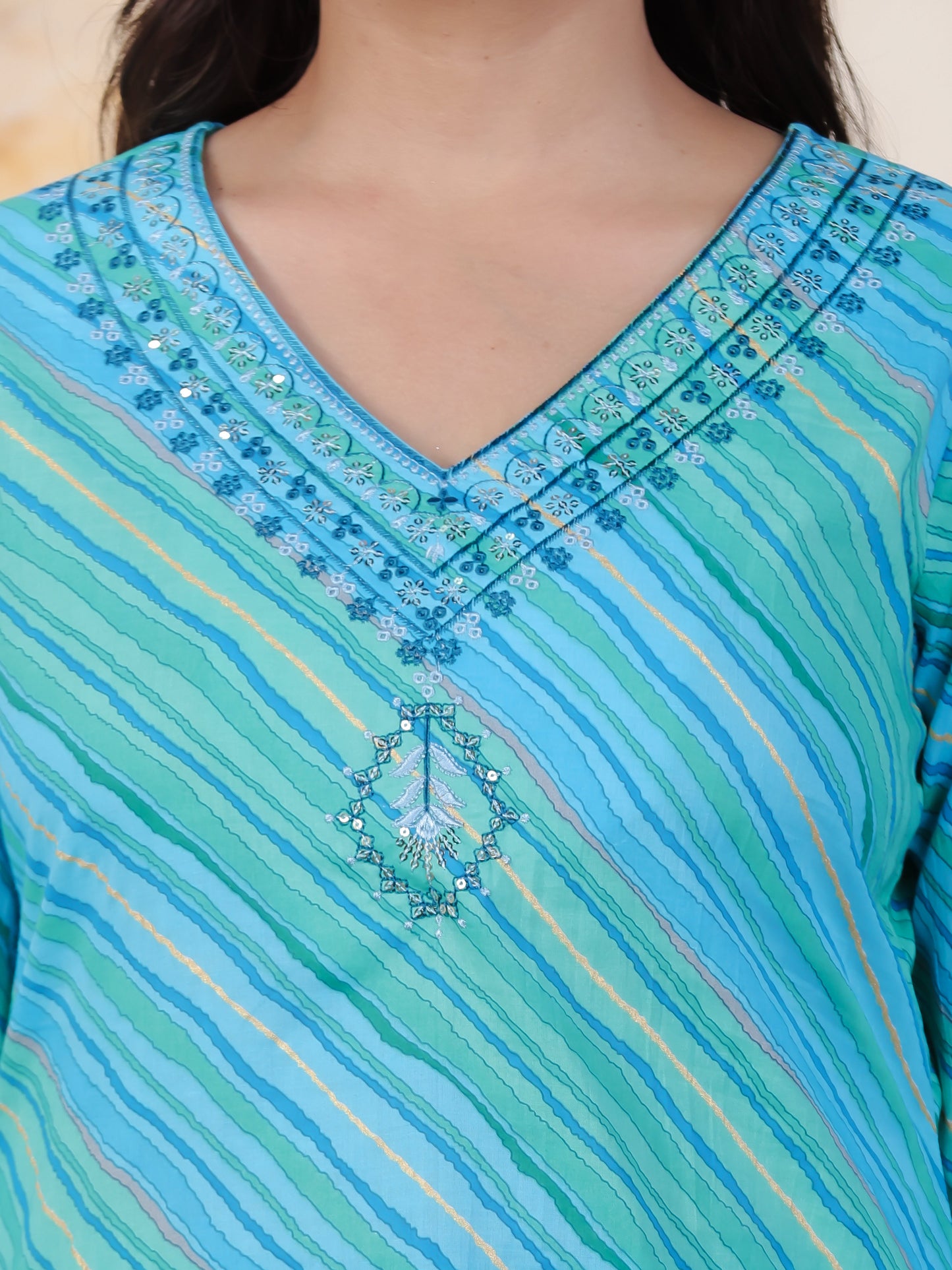 Embroidered Soft Cotton Leheriya Straight Blue Kurta