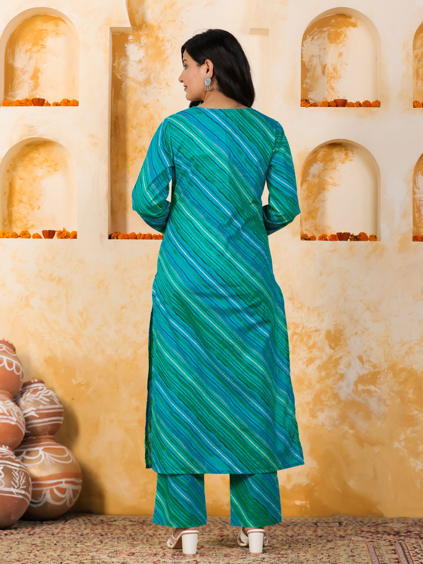 Embroidered Soft Cotton Leheriya Straight Blue Kurta