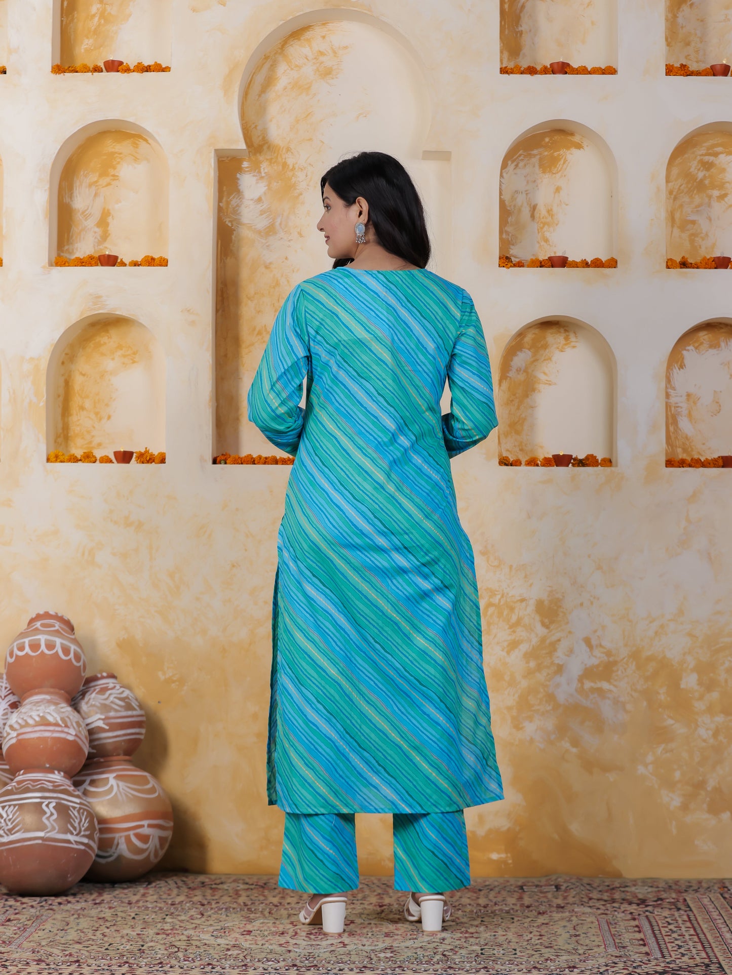 Embroidered Soft Cotton Leheriya Straight Blue Kurta