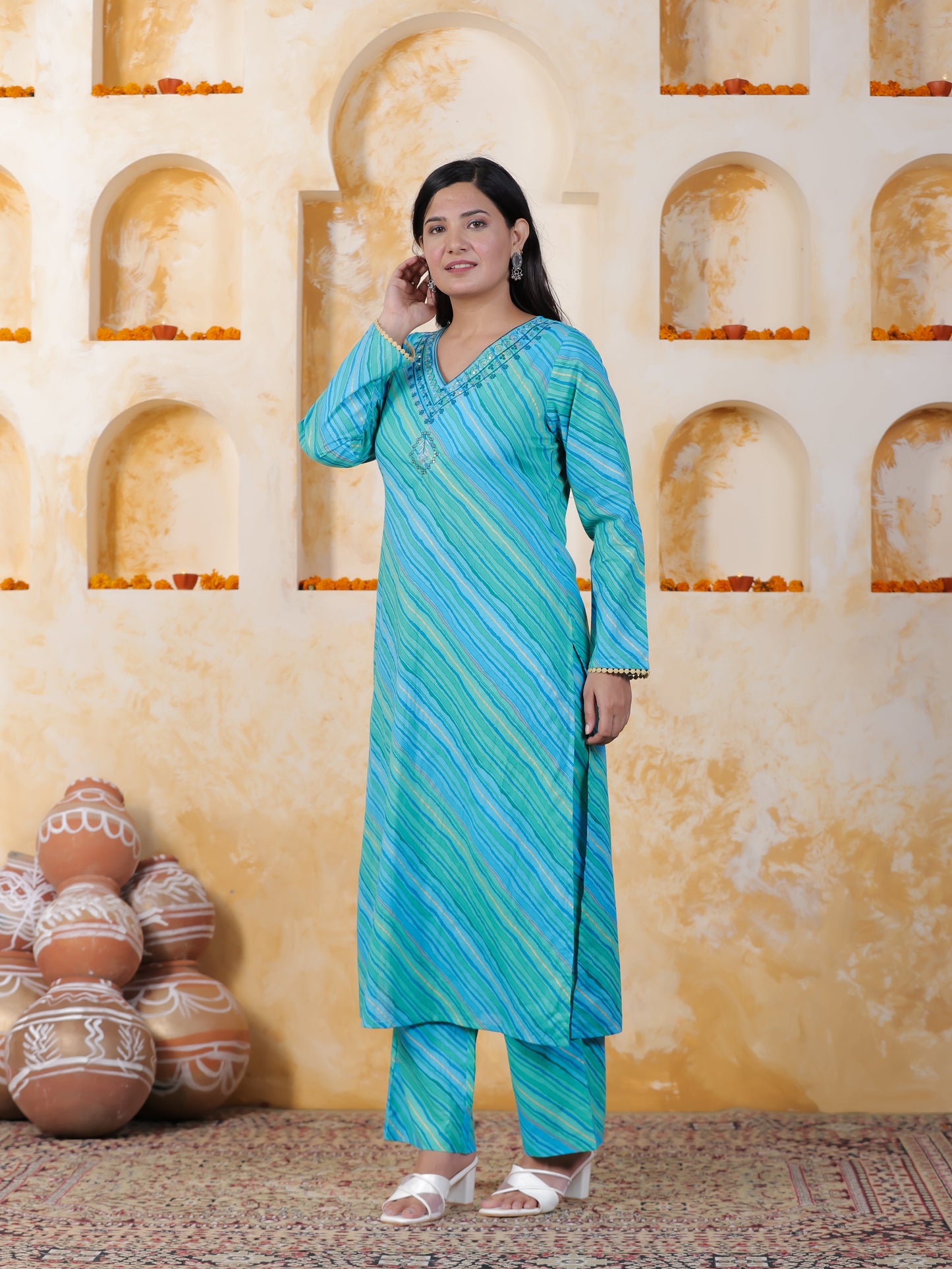 Embroidered Soft Cotton Leheriya Straight Blue Kurta