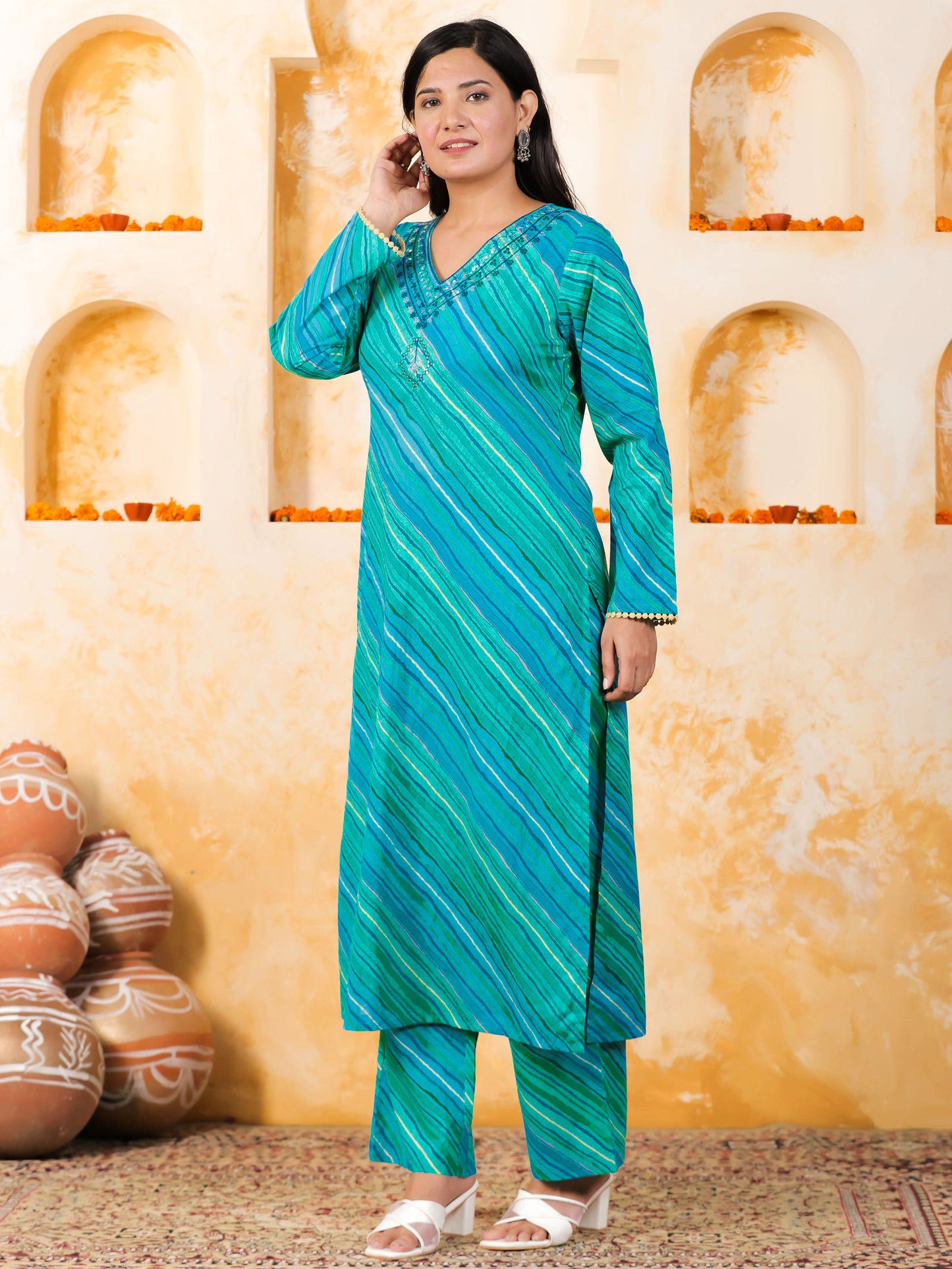 Embroidered Soft Cotton Leheriya Straight Blue Kurta