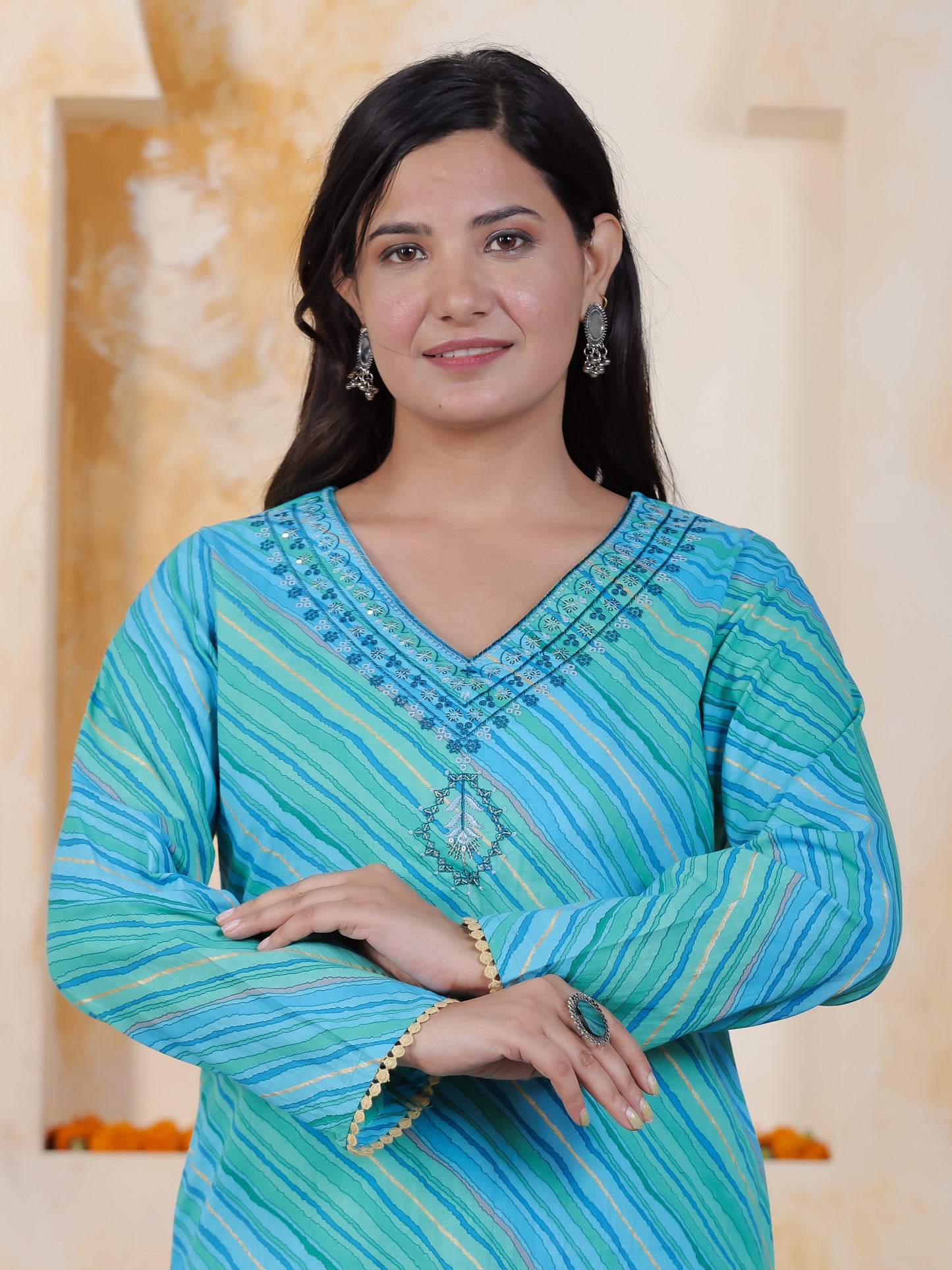 Embroidered Soft Cotton Leheriya Straight Blue Kurta