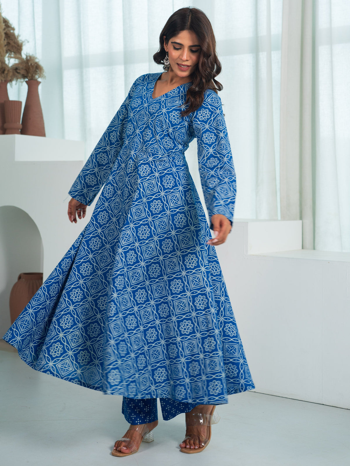Soft Cotton Bandhani Flared Blue Kurta