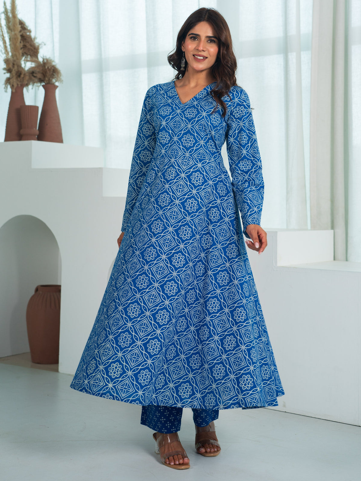 Soft Cotton Bandhani Flared Blue Kurta