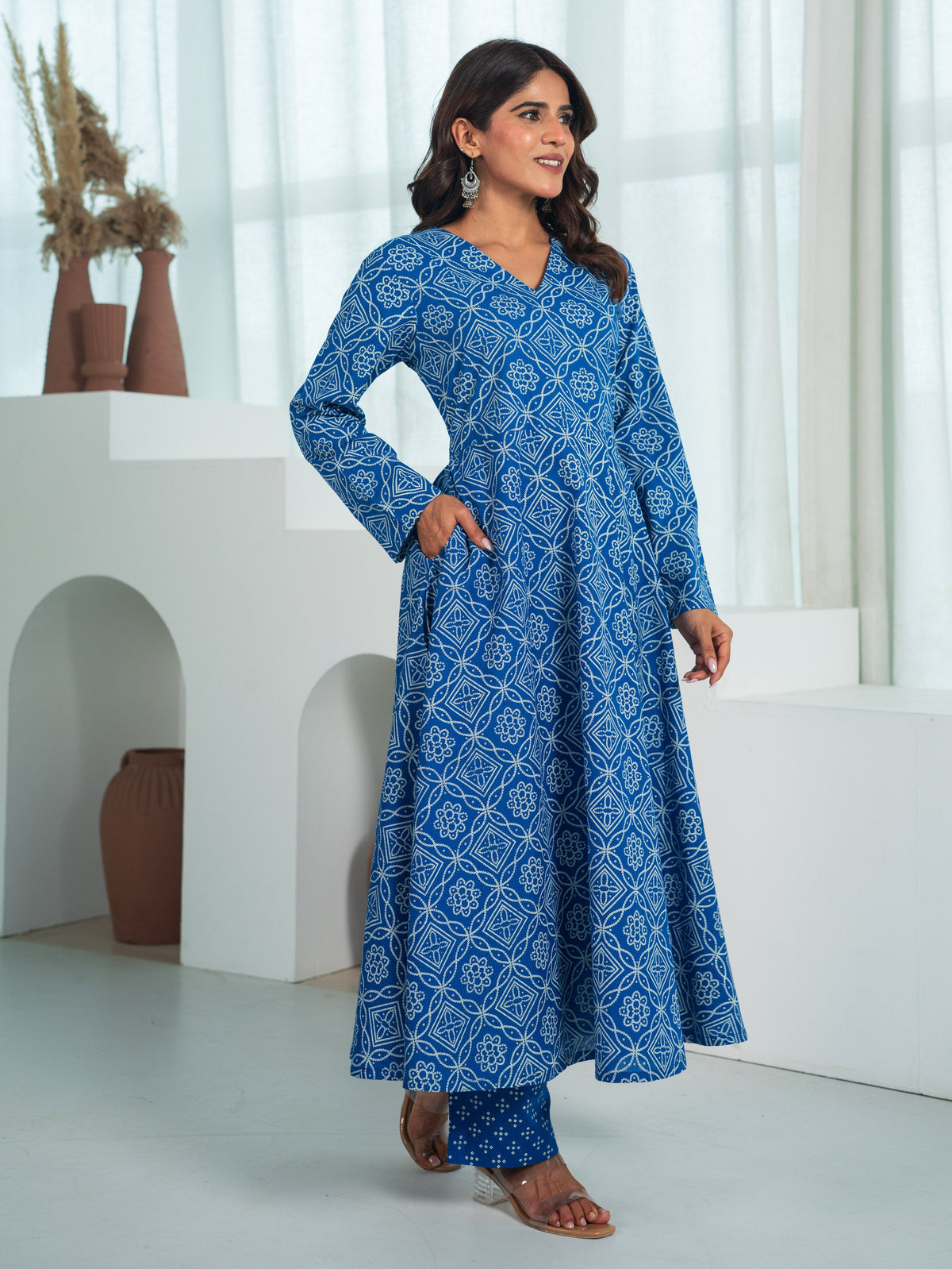 Soft Cotton Bandhani Flared Blue Kurta