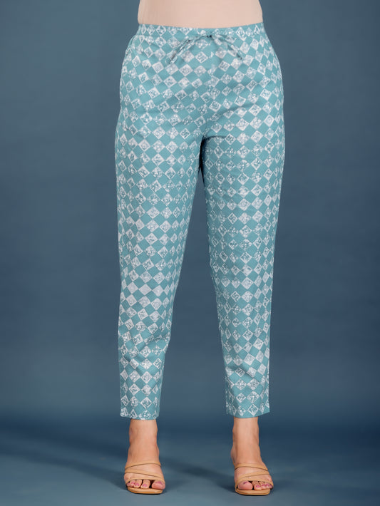 Soft Cotton Abstract Green Tapered Trousers