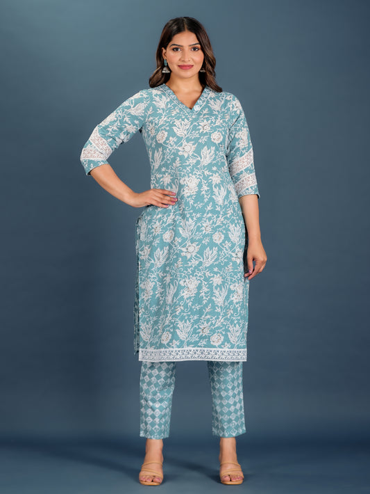 Soft Cotton Floral Straight Blue Kurta