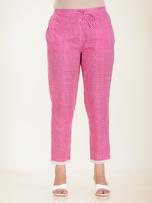 Soft Cotton Chevron Pink Tapered Trousers