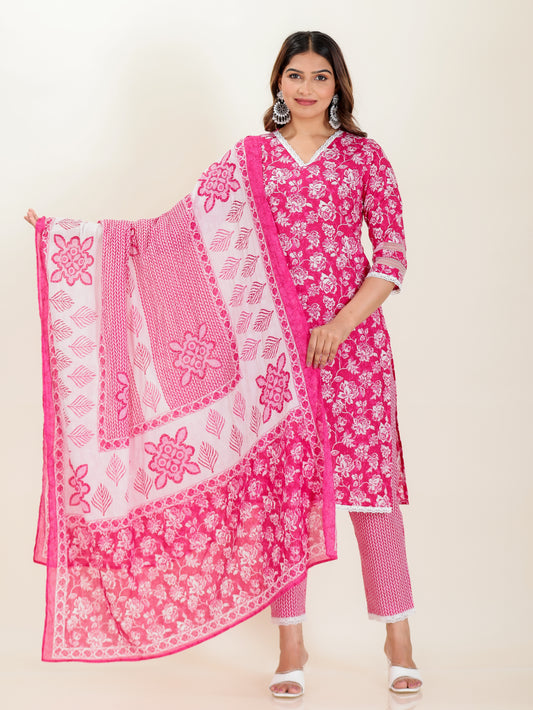 Soft Cotton Floral Straight Pink Kurta