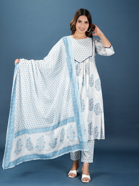 Soft Cotton Floral A-line White Kurta