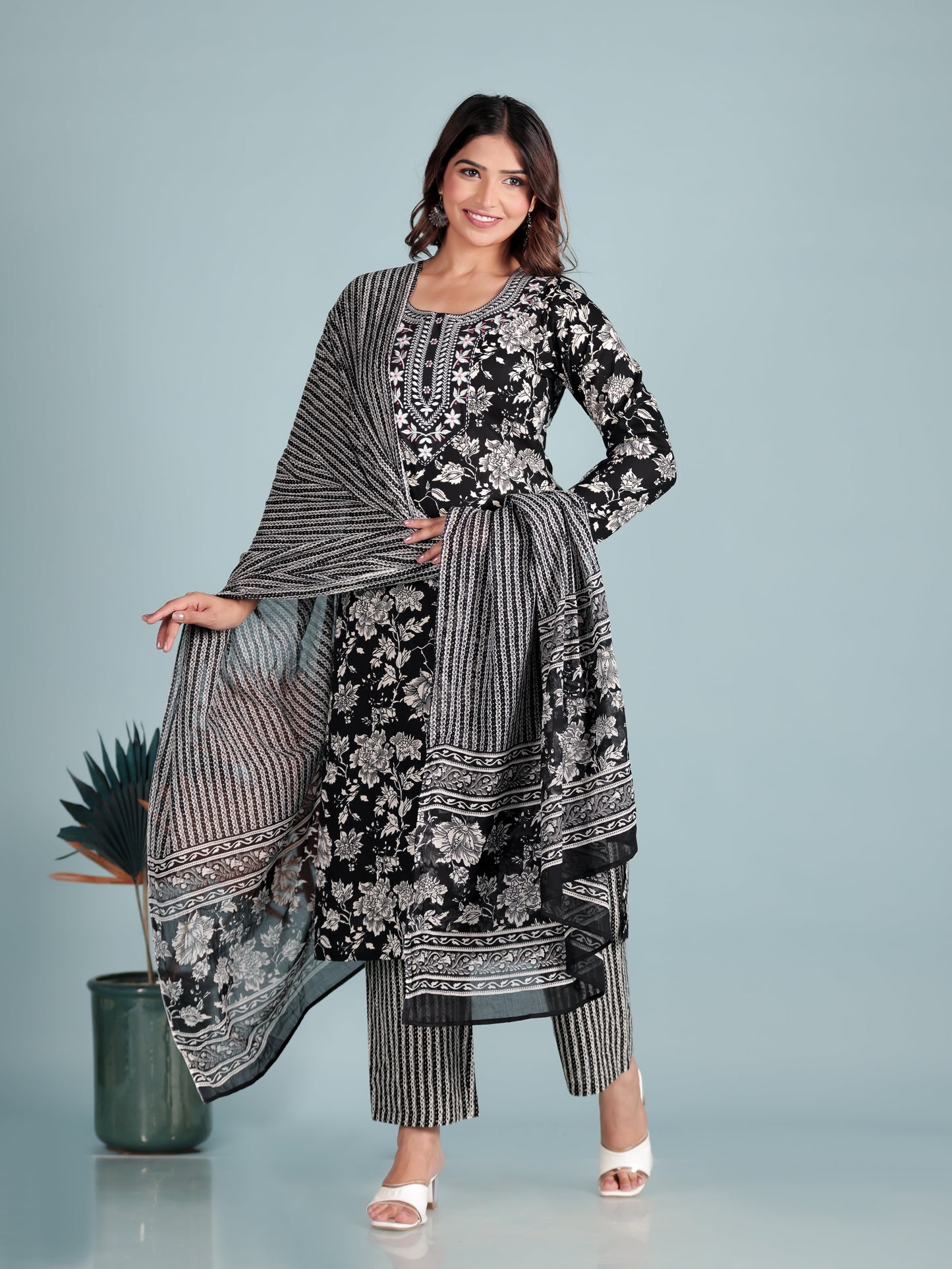 Embroidered Soft Cotton Floral Straight Black Kurta