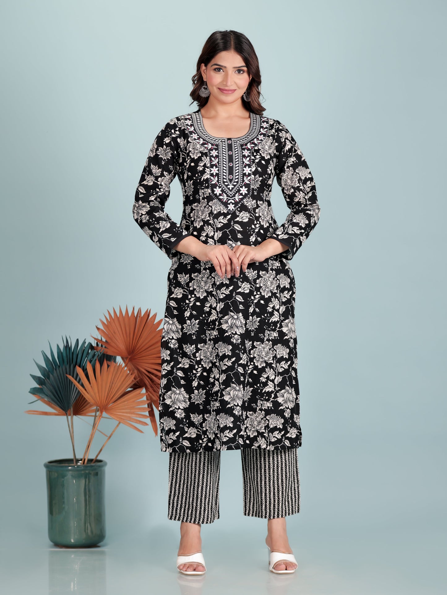 Embroidered Soft Cotton Floral Straight Black Kurta