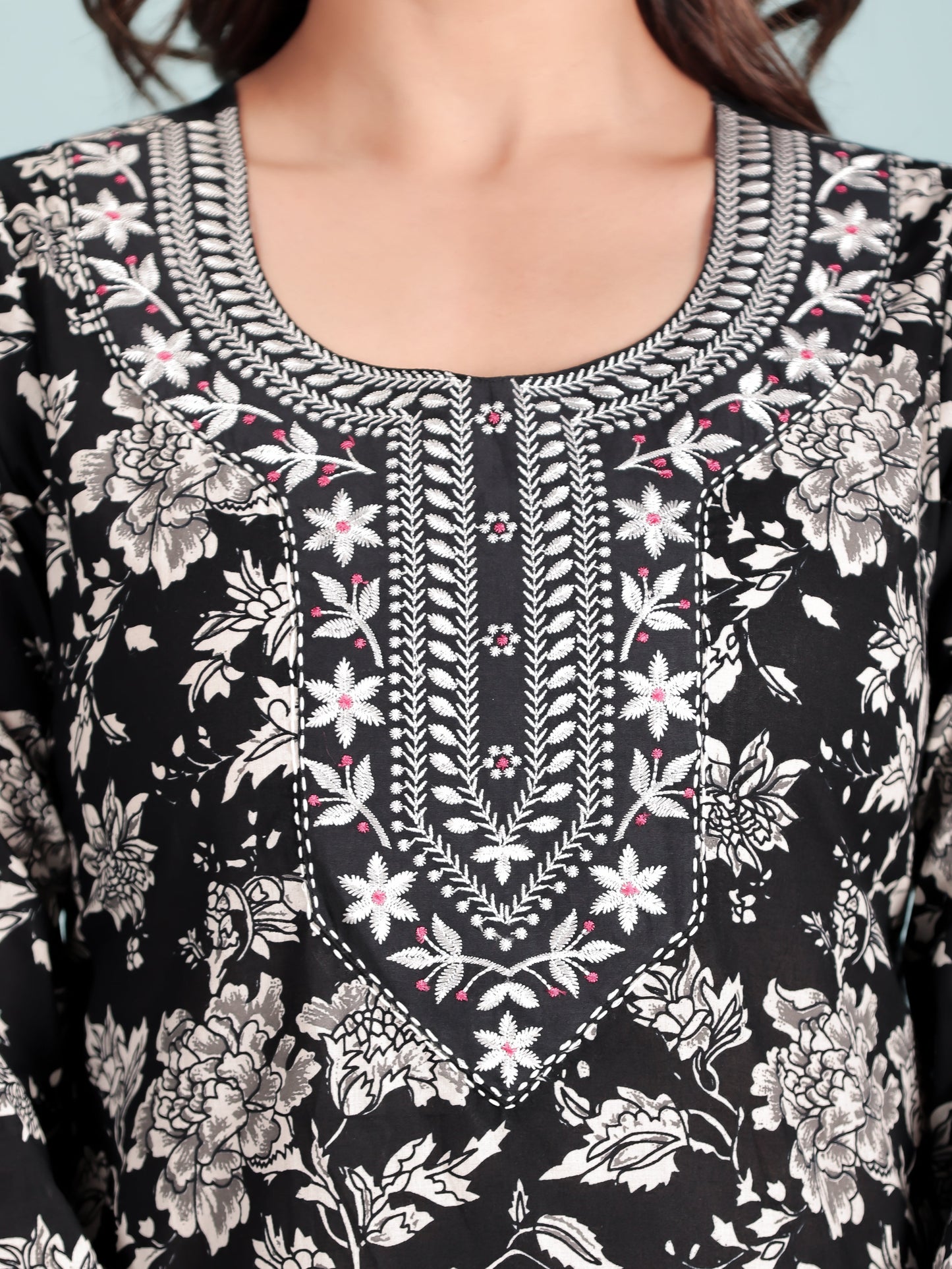 Embroidered Soft Cotton Floral Straight Black Kurta