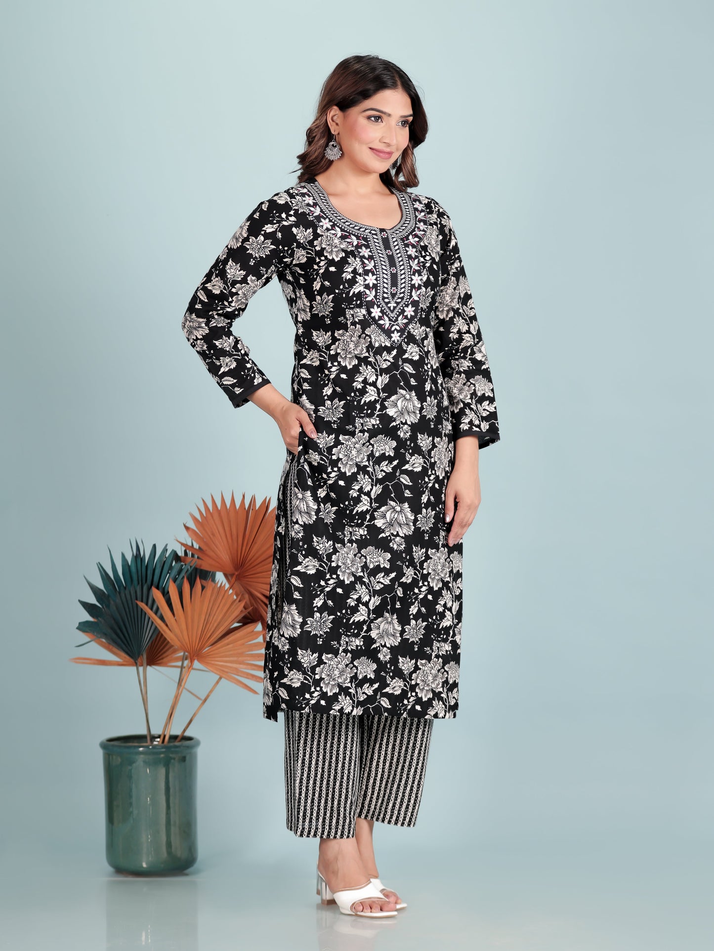 Embroidered Soft Cotton Floral Straight Black Kurta