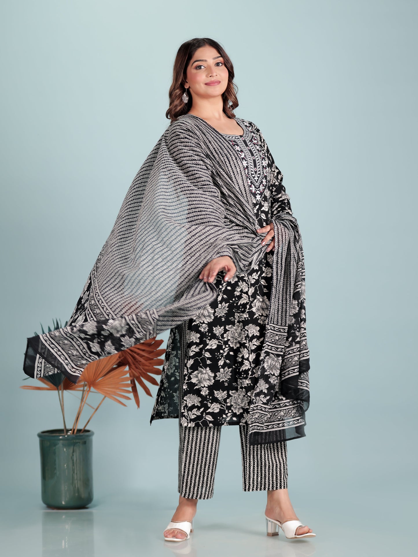Embroidered Soft Cotton Floral Straight Black Kurta