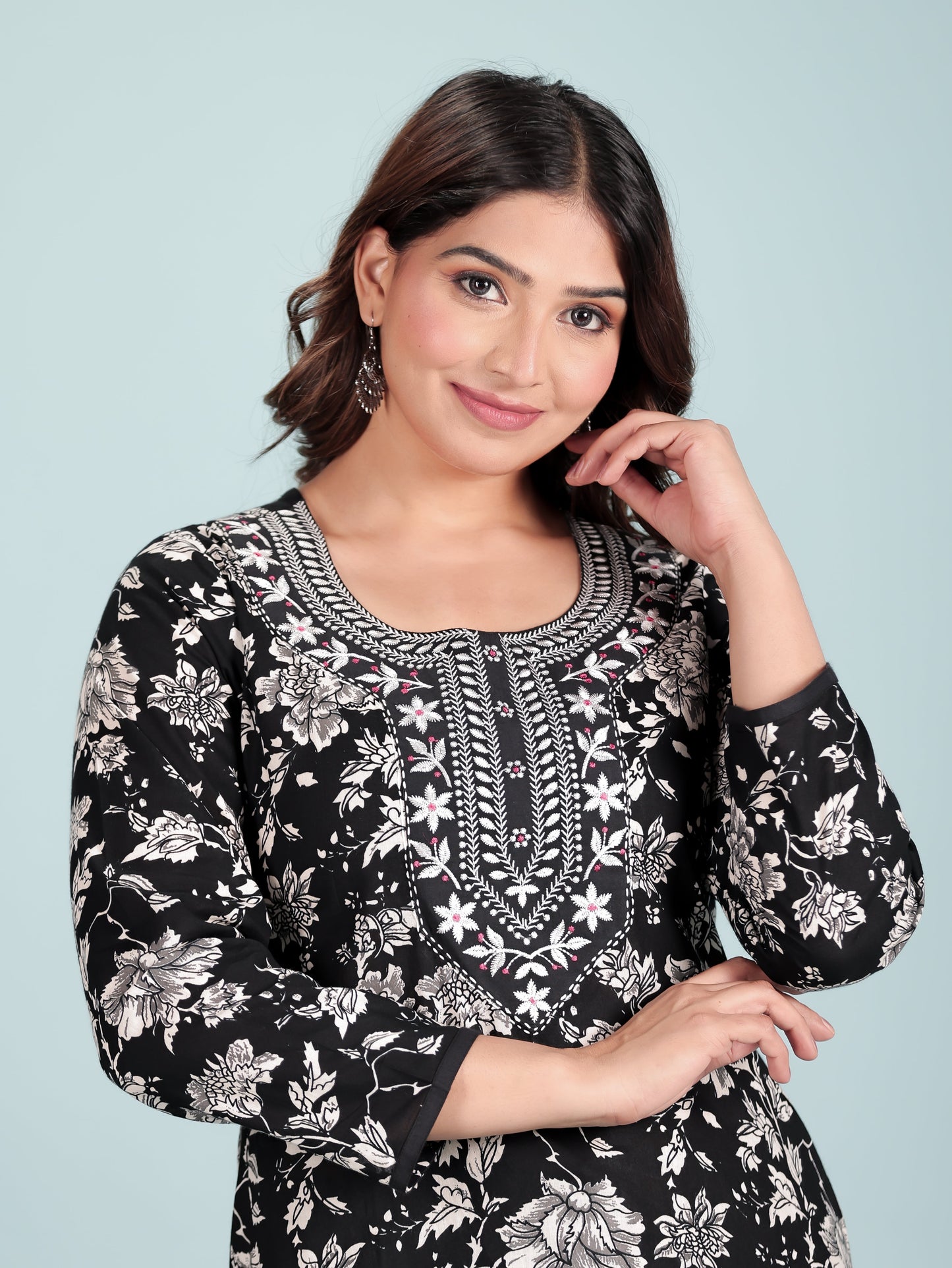 Embroidered Soft Cotton Floral Straight Black Kurta