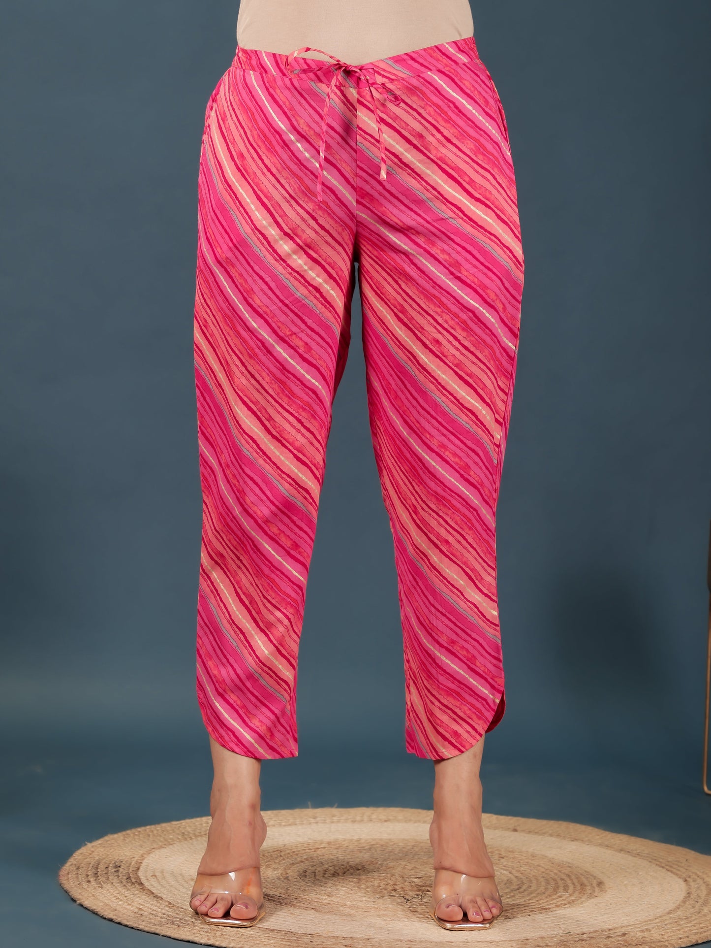 Soft Cotton Leheriya Pink Tapered Trousers