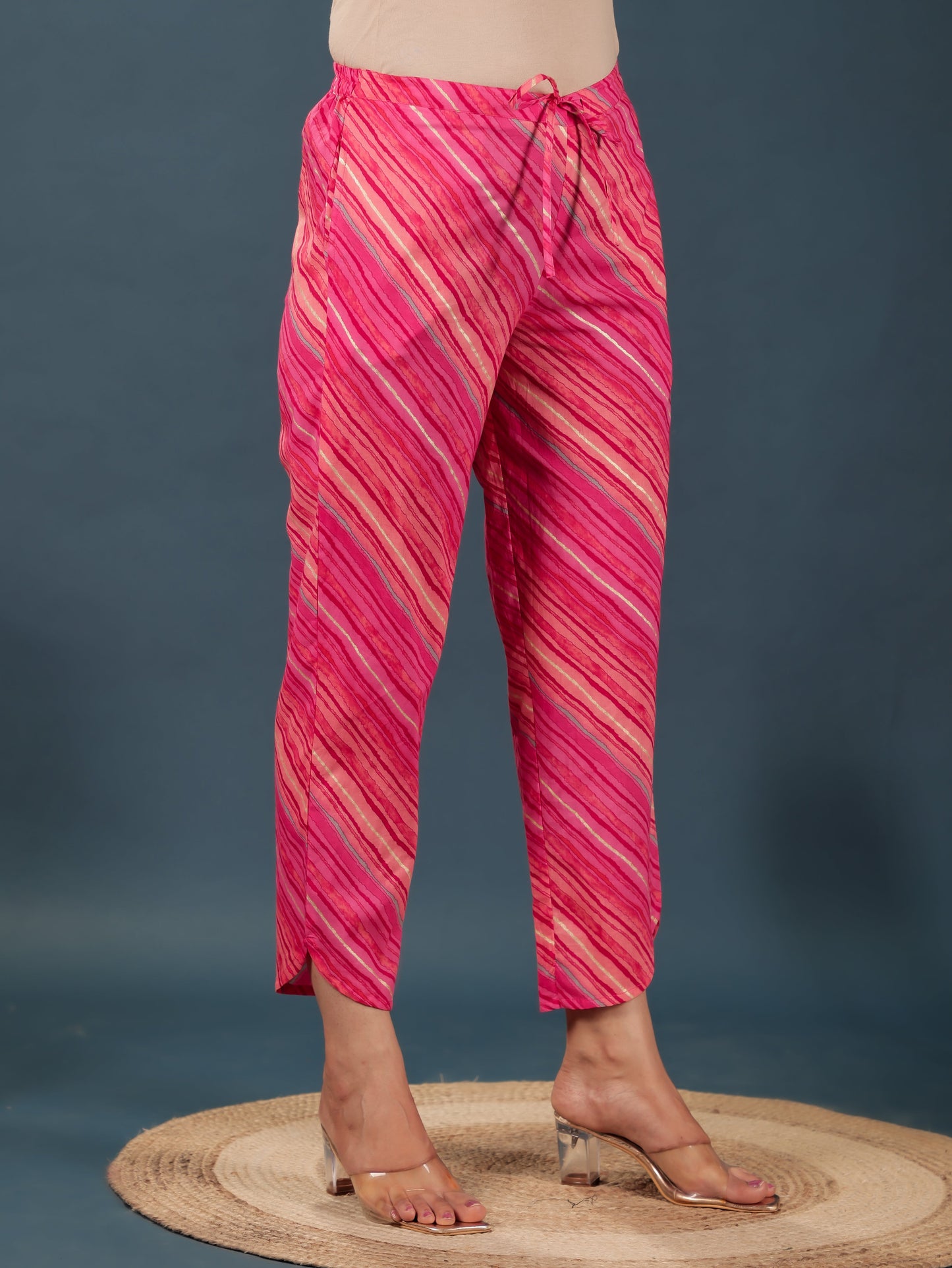 Soft Cotton Leheriya Pink Tapered Trousers