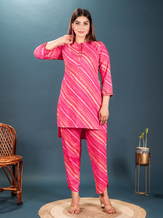 Embroidered Soft Cotton Leheriya A-line Pink Kurta