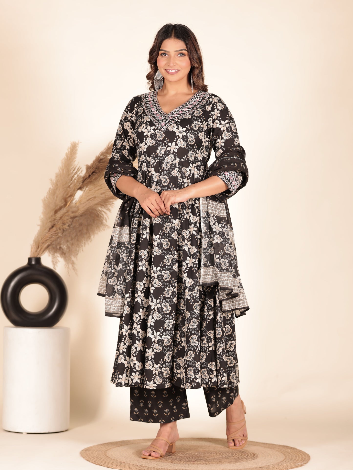 Embroidered Soft Cotton Floral Flared Black Kurta