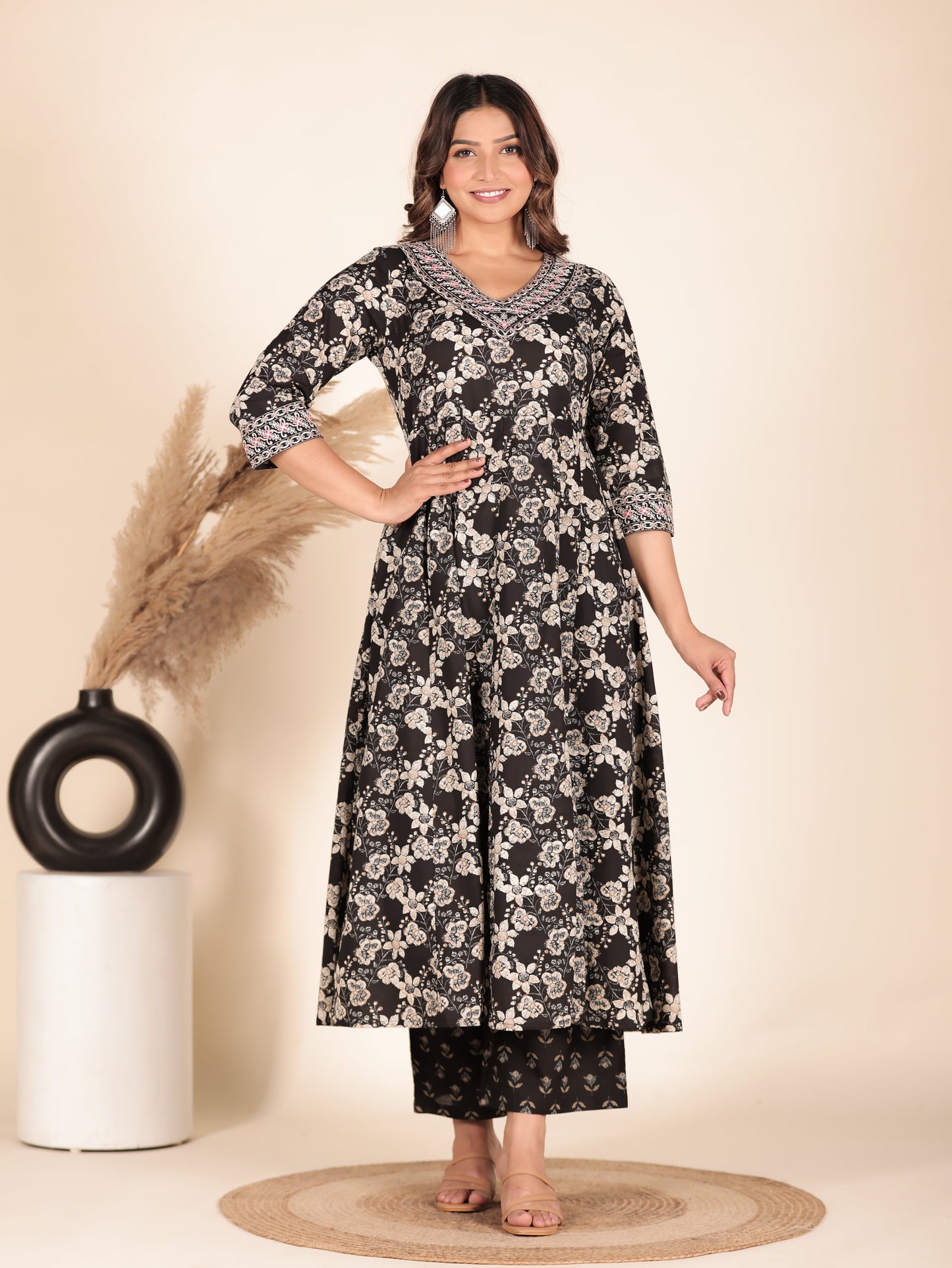 Embroidered Soft Cotton Floral Flared Black Kurta