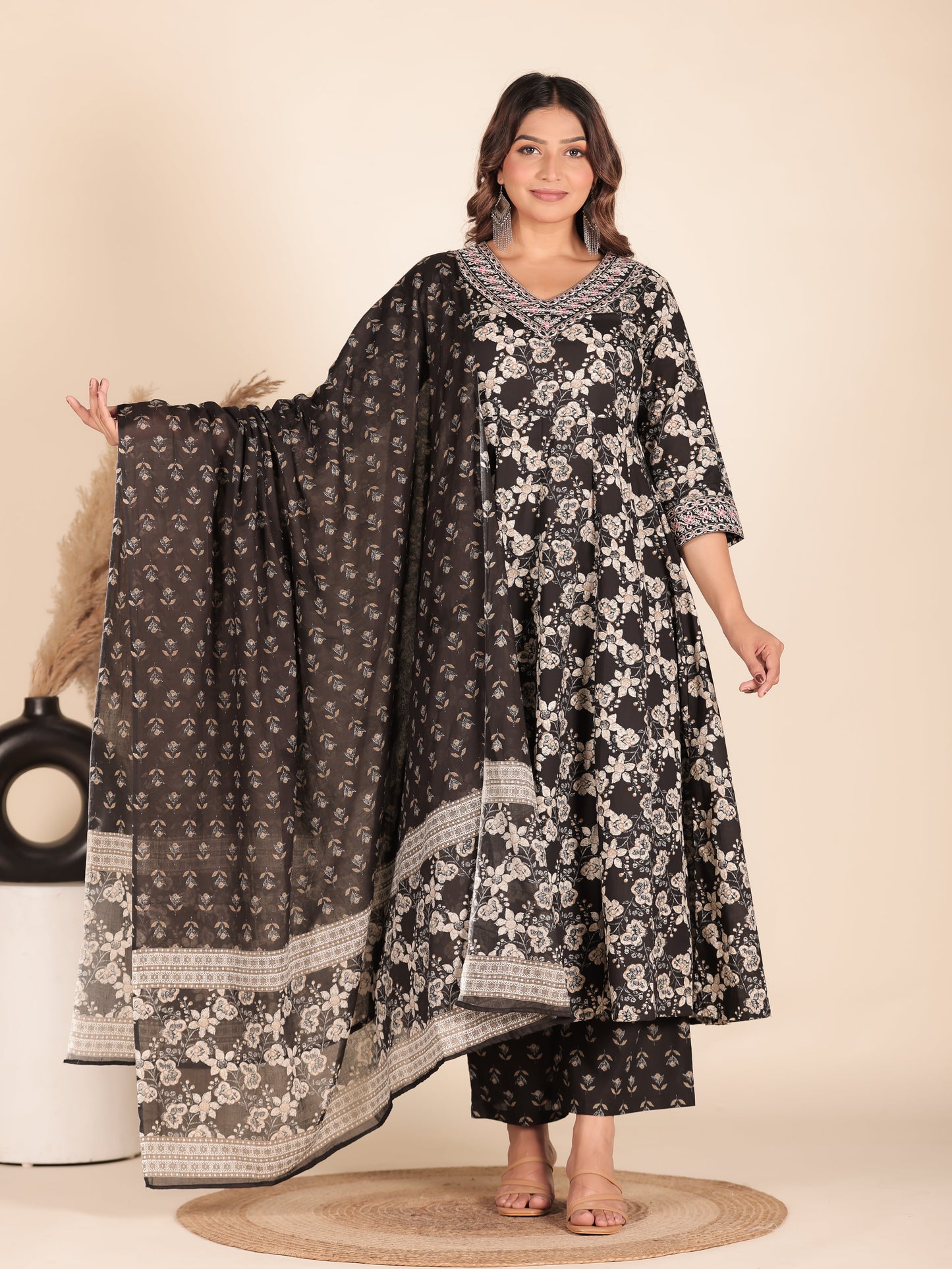 Embroidered Soft Cotton Floral Flared Black Kurta