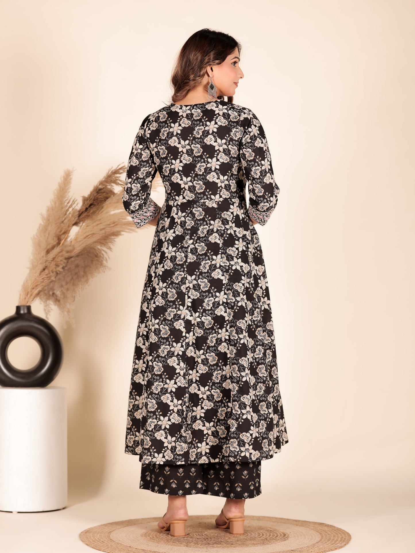 Embroidered Soft Cotton Floral Flared Black Kurta