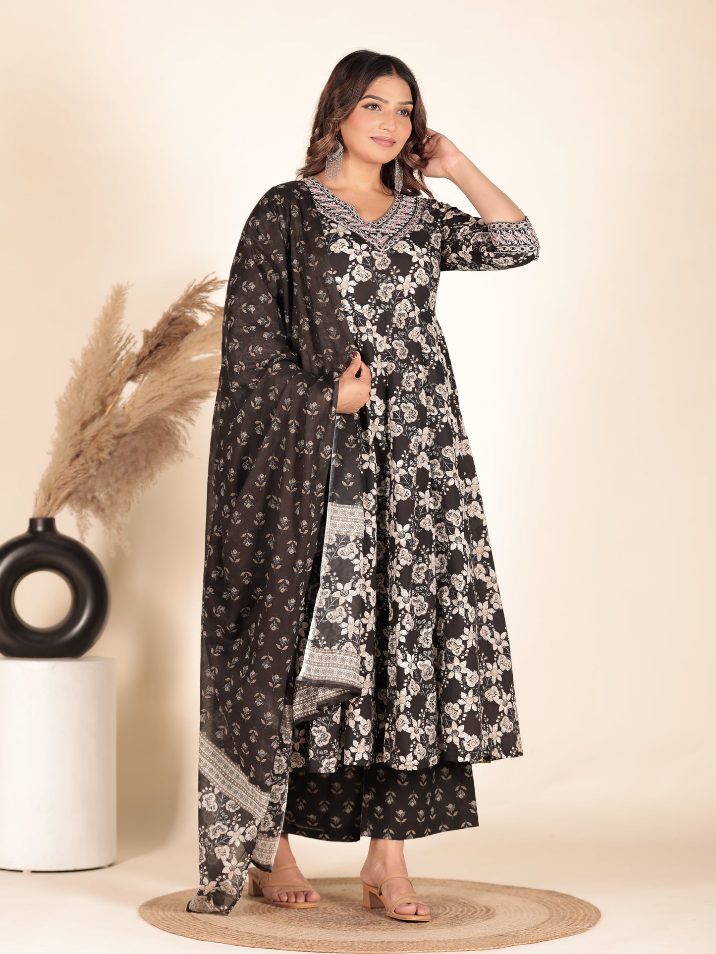 Embroidered Soft Cotton Floral Flared Black Kurta
