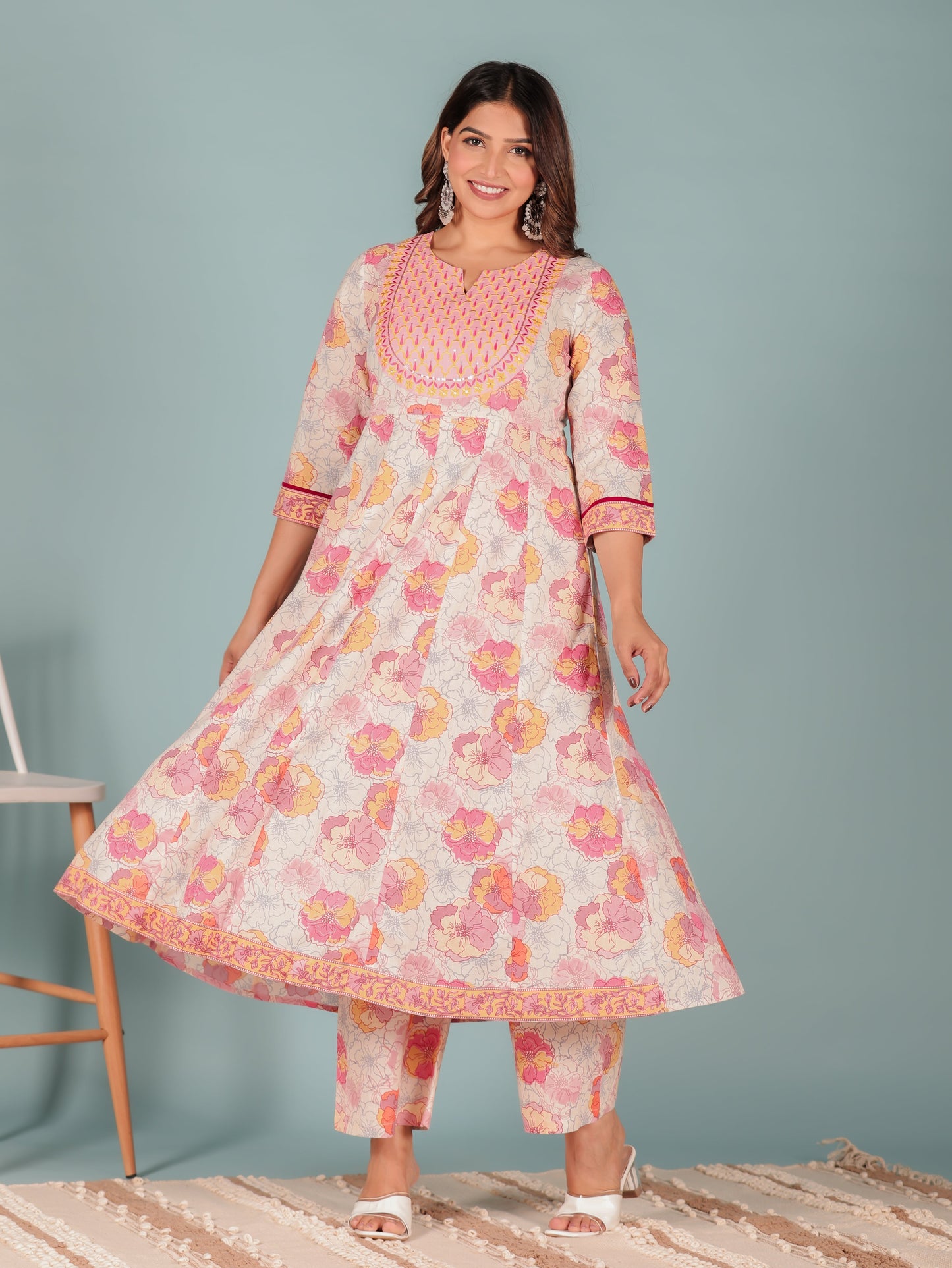 Soft Cotton Floral Anarkali Pink Kurta