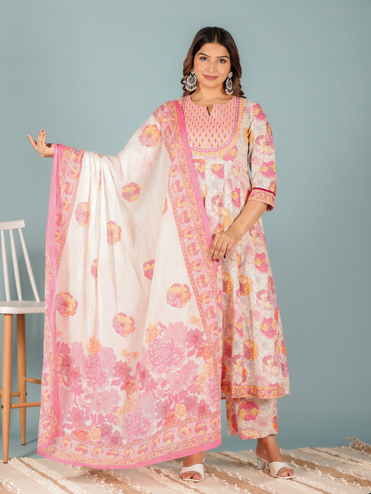 Soft Cotton Floral Anarkali Pink Kurta