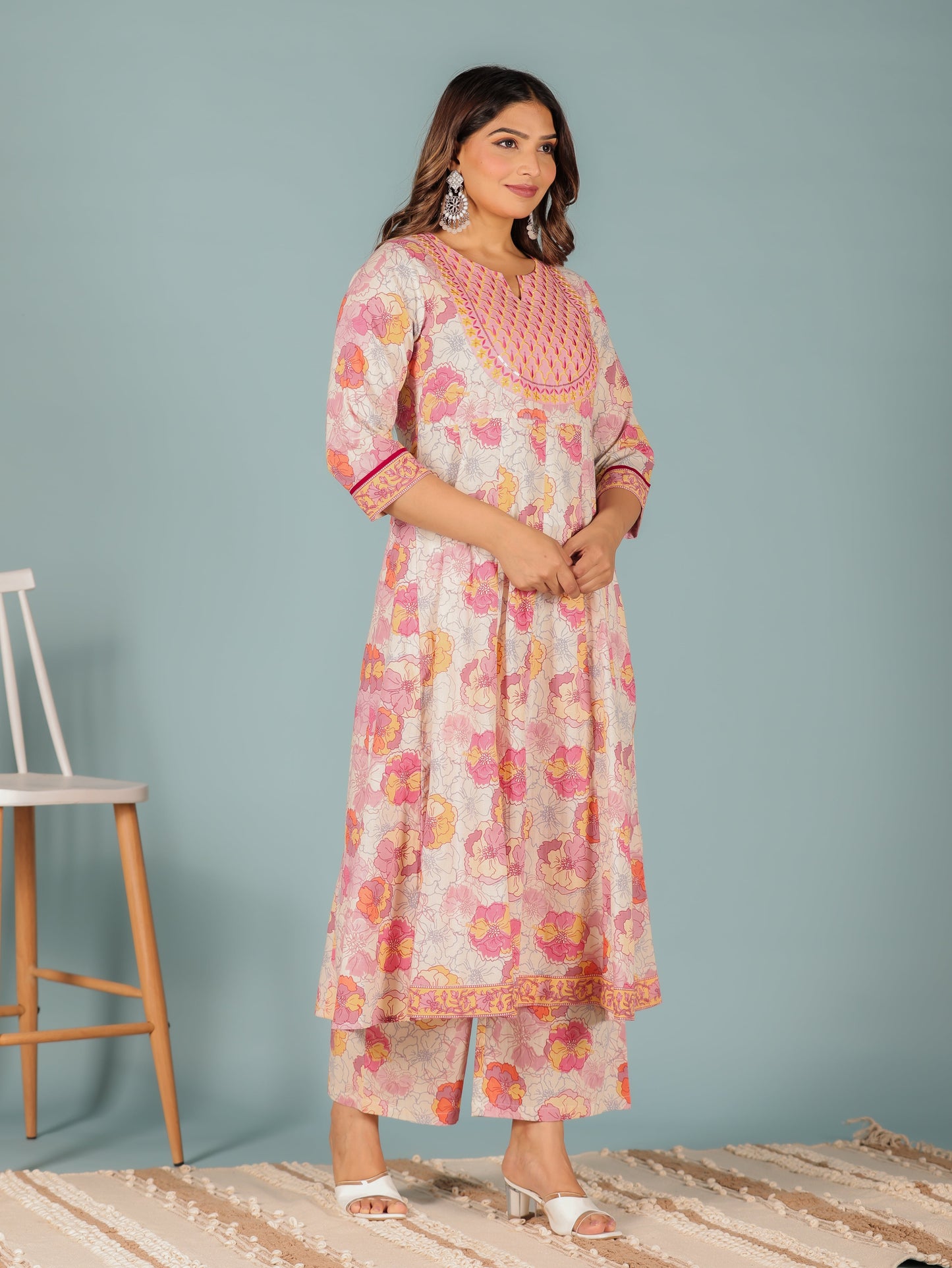 Soft Cotton Floral Anarkali Pink Kurta