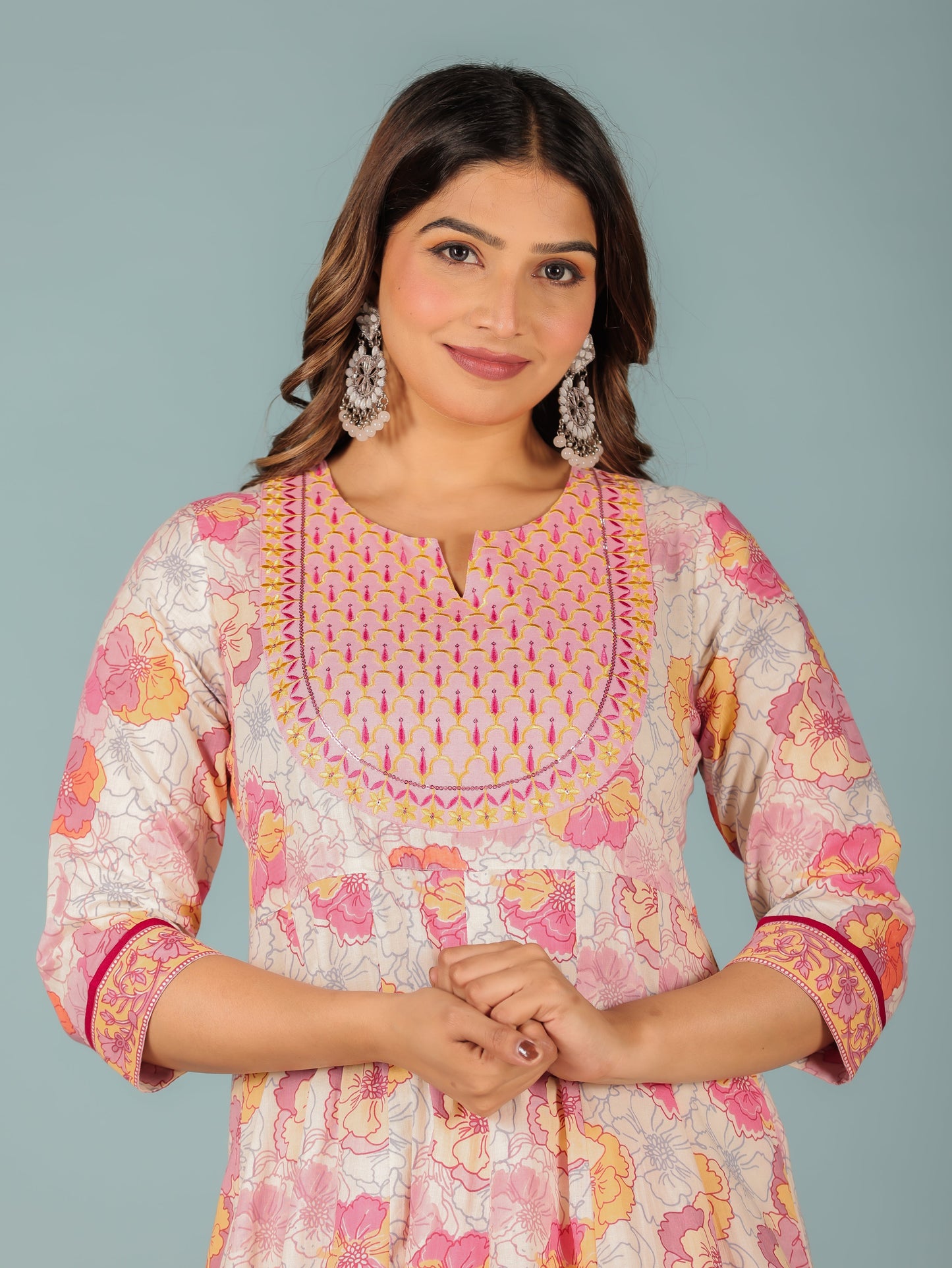 Soft Cotton Floral Anarkali Pink Kurta