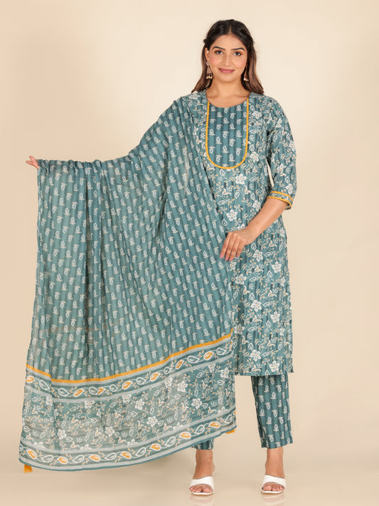 Soft Cotton Floral Straight Blue Kurta