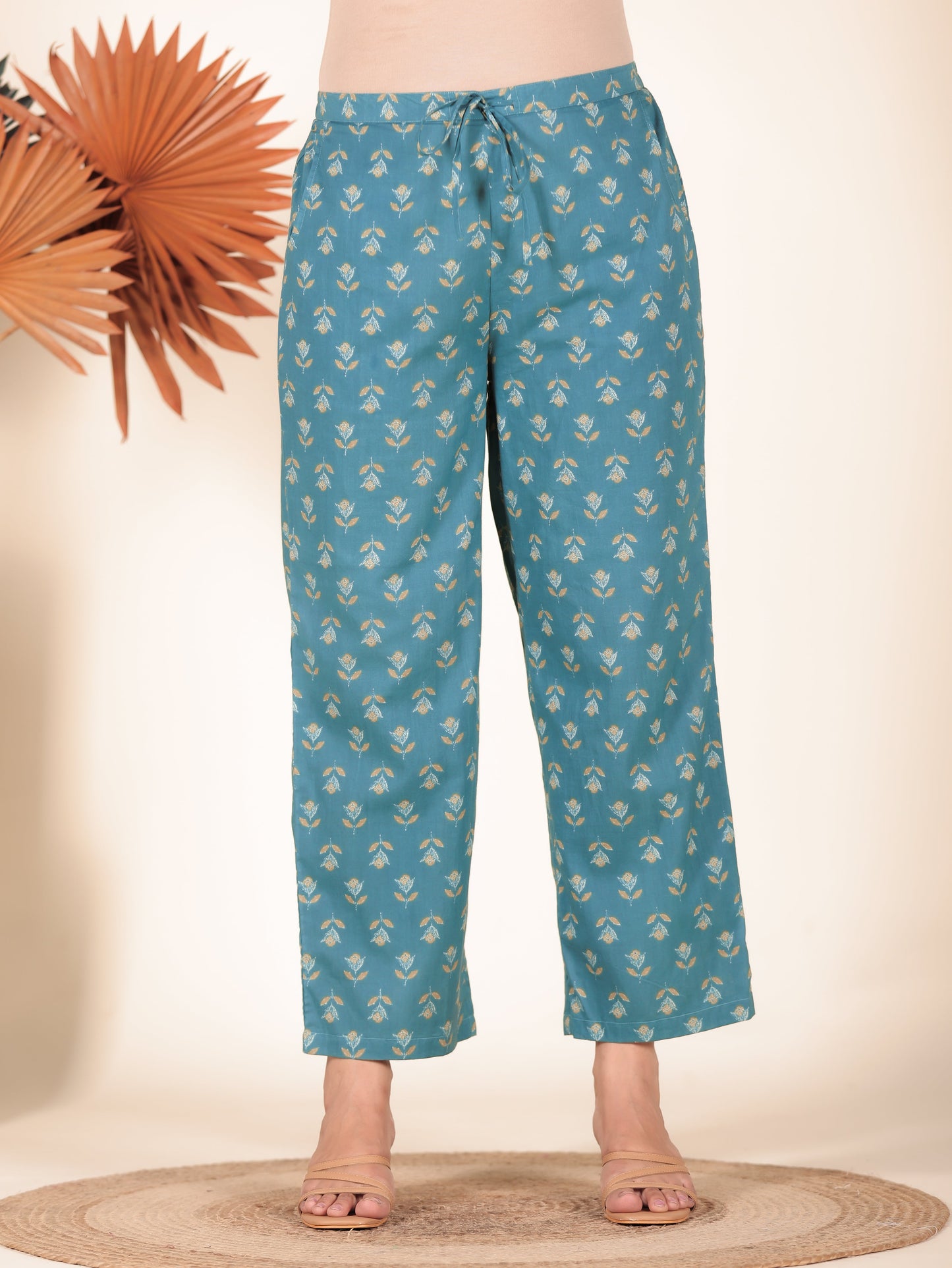 Soft Cotton Floral Green Straight Trousers
