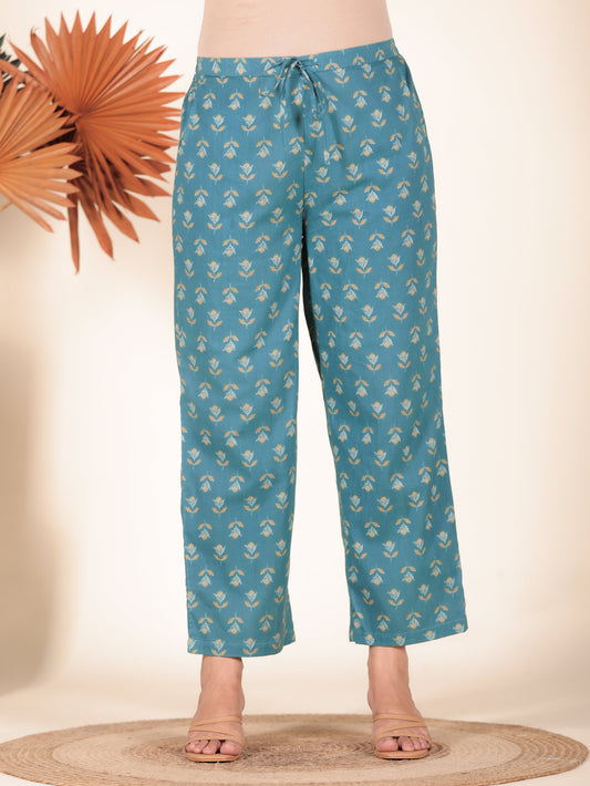 Soft Cotton Floral Green Straight Trousers