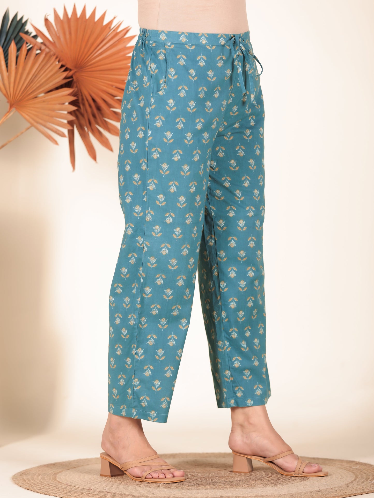 Soft Cotton Floral Green Straight Trousers