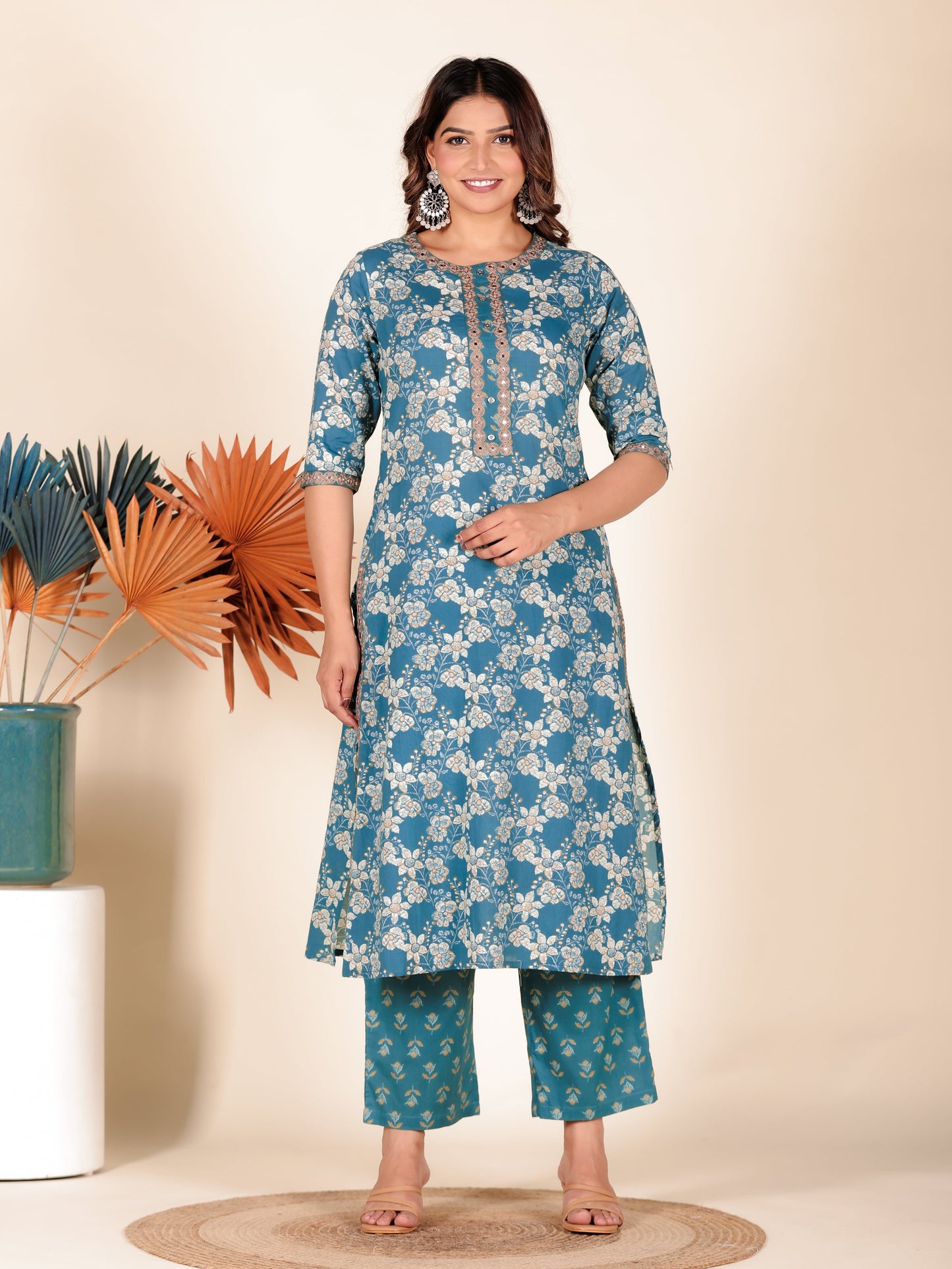 Soft Cotton Floral A-line Green Kurta