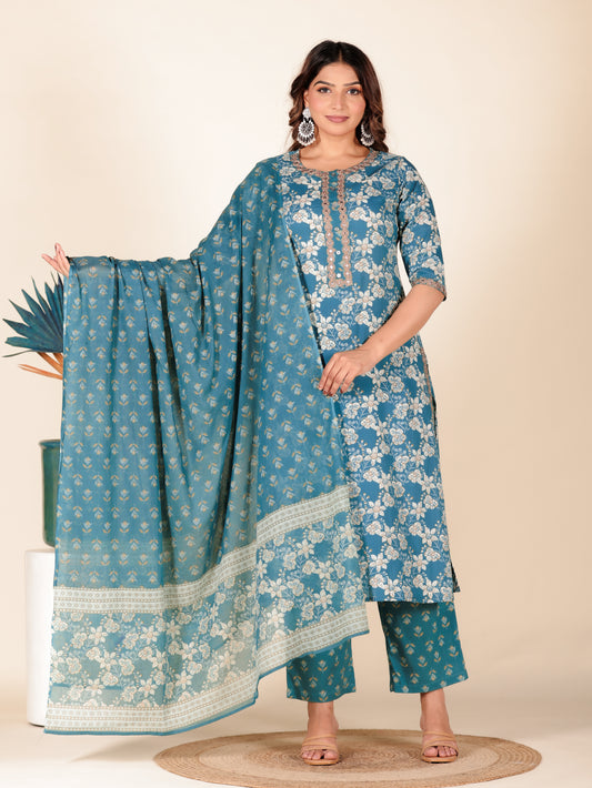 Soft Cotton Floral A-line Green Kurta