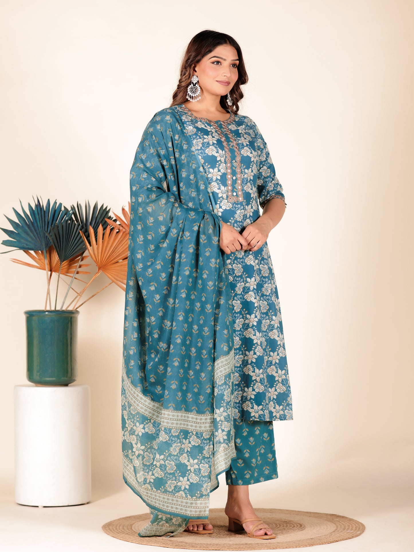 Soft Cotton Floral A-line Green Kurta