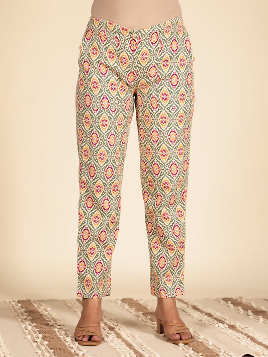 Soft Cotton Ikat Green Tapered Trousers