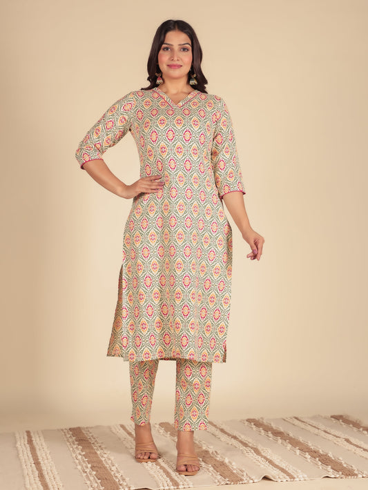 Soft Cotton Ikat Straight Green Kurta