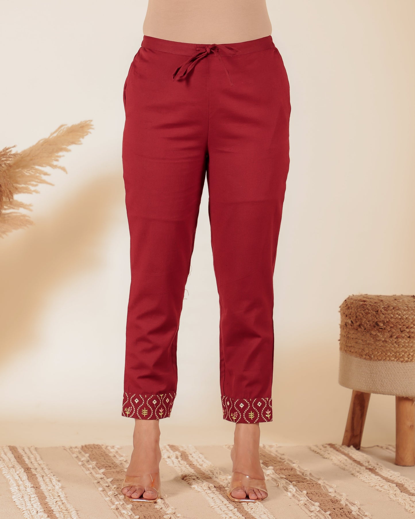 Natural Cotton Solid Maroon Tapered Trousers
