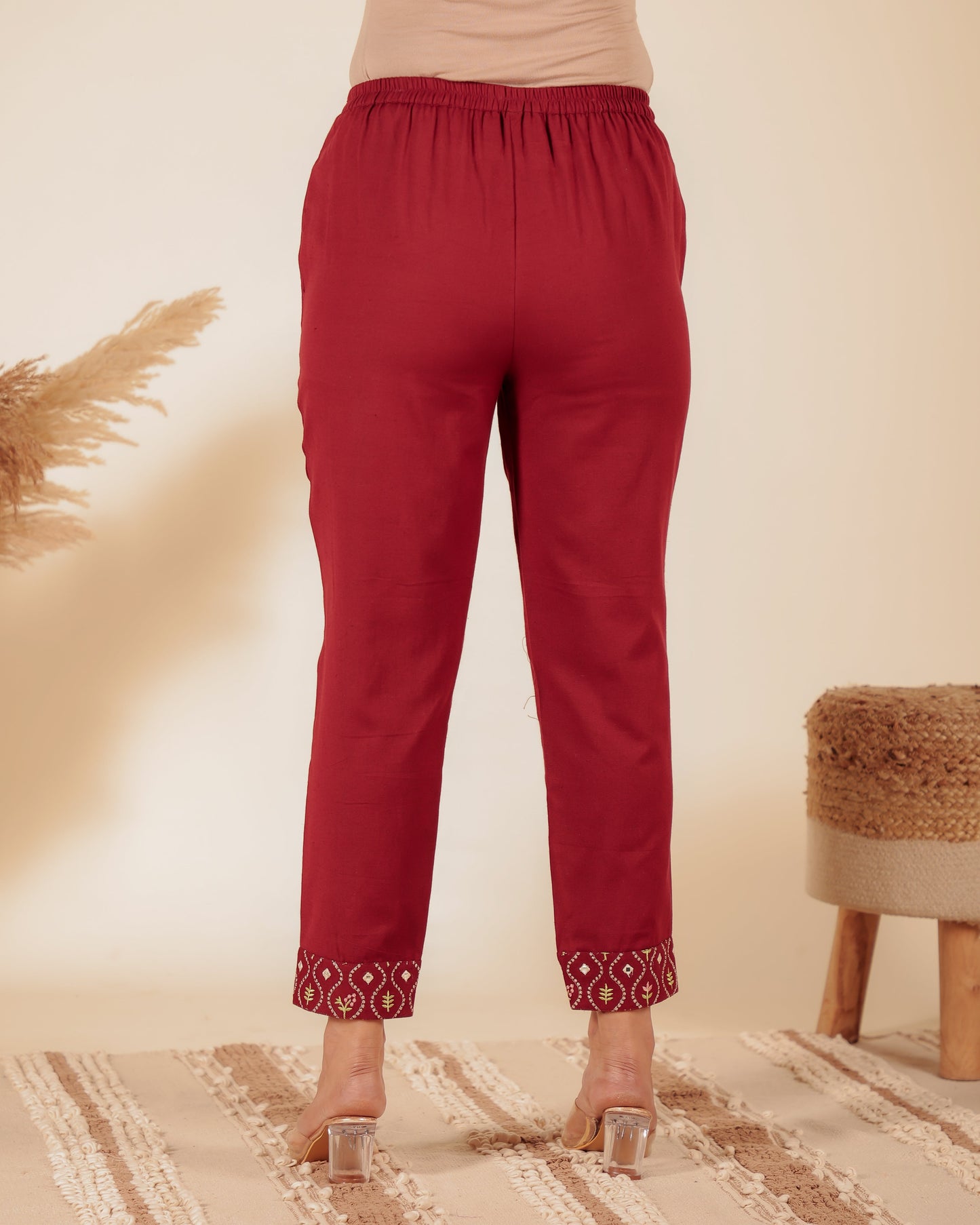 Natural Cotton Solid Maroon Tapered Trousers
